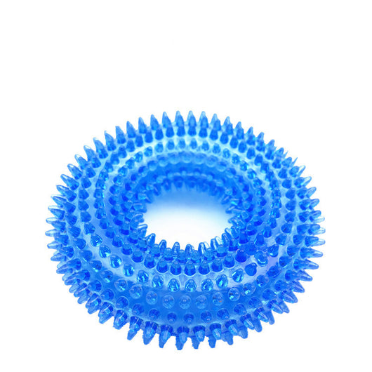 Translucent blue spiky donut-shaped pet toy made of TPR, designed to be bite-resistant and produce sound. - Image 8