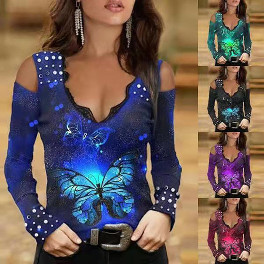 Blusa Estampada de Mariposas con Encaje, Cuello en V y Manga Larga con Degradado - Image 8