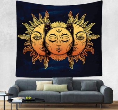 Bohemian sun and moon tapestry with a celestial pattern of golden suns and crescent moons on a dark blue background. - Image 33