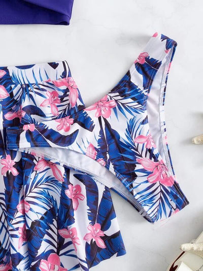 Fuchsia tropical print three-piece swimsuit with high-waisted swim skirt and matching bikini bottoms. - Image 9