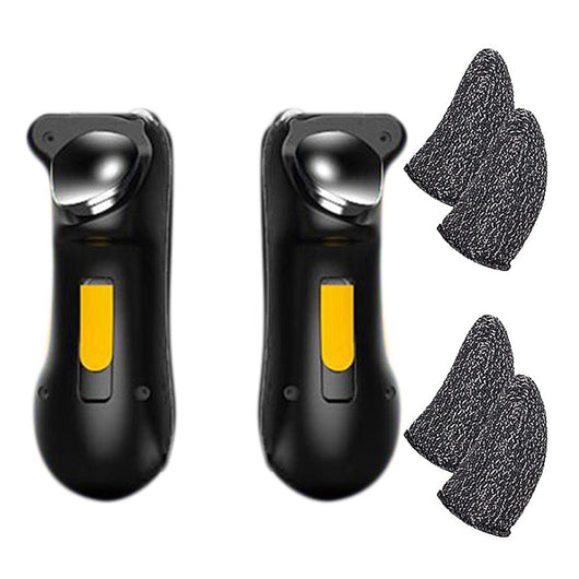 Black and yellow smartphone gamepad with a trigger button, shown from front and side views for mobile gaming. - Image 9