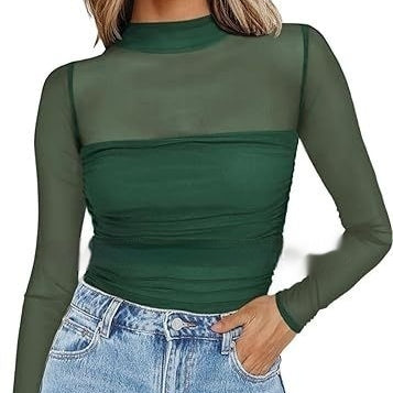 Top Sexy Cuello Malla con Detalles en Contraste - Image 5