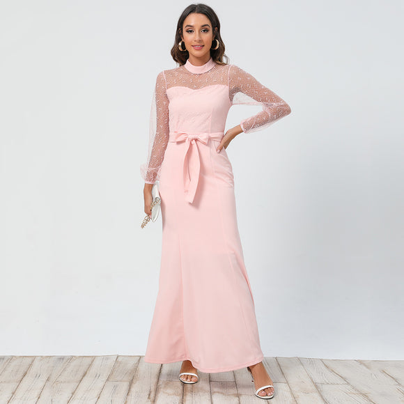 Vestido Largo de Encaje con Manga Larga y Cuello Redondo