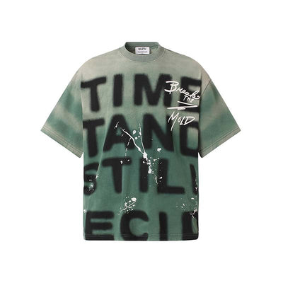 Camiseta Hombre Estilo Retro Suelta Diseño Degradado con Letras y Tinta Salpicada - Image 8