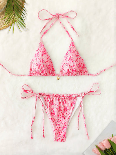 Red floral print triangle cup bikini set with matching bottom, featuring a small gold charm on the top. - Image 24