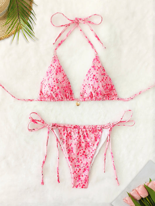 Red floral print triangle cup bikini set with matching bottom, featuring a small gold charm on the top. - Image 24
