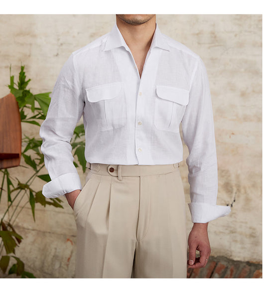 Camisa Retro de Lino Puro Transpirable Manga Larga para Hombre - Image 5