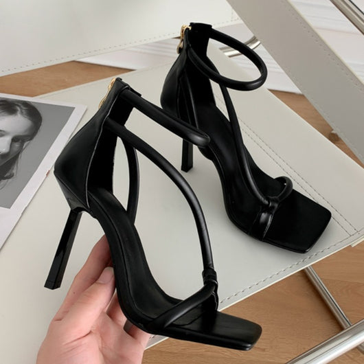 Sandalias Tacón Stiletto Punta Cuadrada Color Sólido - Image 12