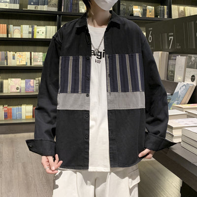 Camisa de Manga Larga Retro con Parches y Rayas para Hombre - Image 10