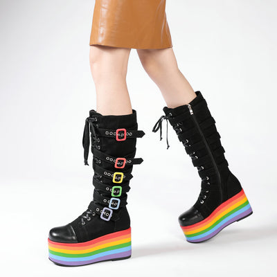 Botas Denim con Tacón Cuña y Hebilla para Mujer