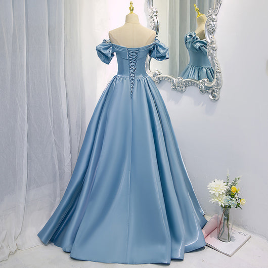 Vestido de Satén Azul Largo Asimétrico de Un Hombro - Image 3