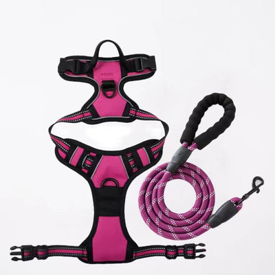 Red and black dog harness with reflective strips, adjustable straps, and a top handle for secure pet control. - Image 24