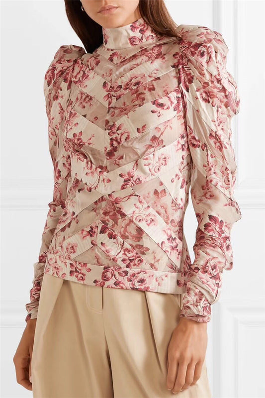 Blusa Manga Larga con Volantes y Pliegues Estampada