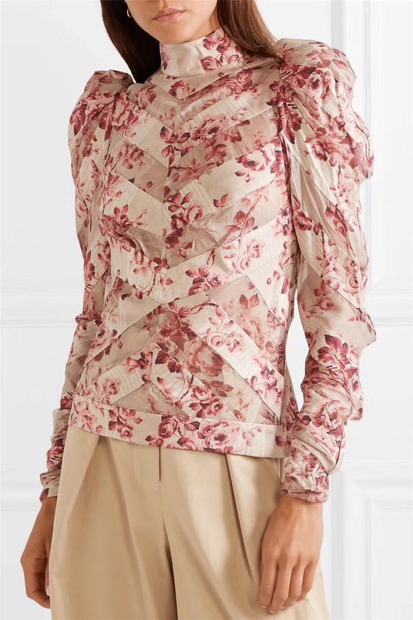 Blusa Manga Larga con Volantes y Pliegues Estampada