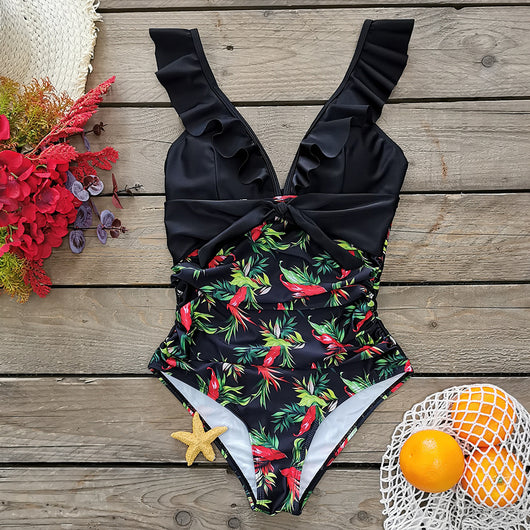Traje de Baño Mujer Halter con Volantes y Estampado Minimalista - Image 10