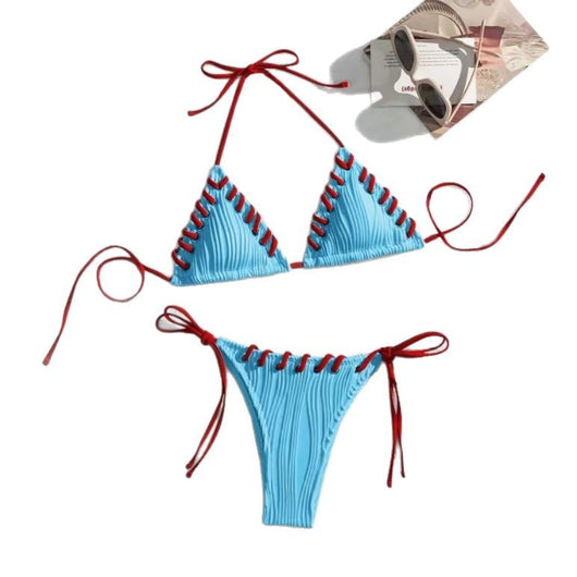 Light blue ribbed bikini swimsuit with pink tie straps and lacing detail, featuring a triangle top and thong bottom. - Image 5