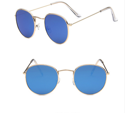 Two pairs of round gold-frame sunglasses, one with mirrored orange lenses and one with solid red lenses. - Image 3