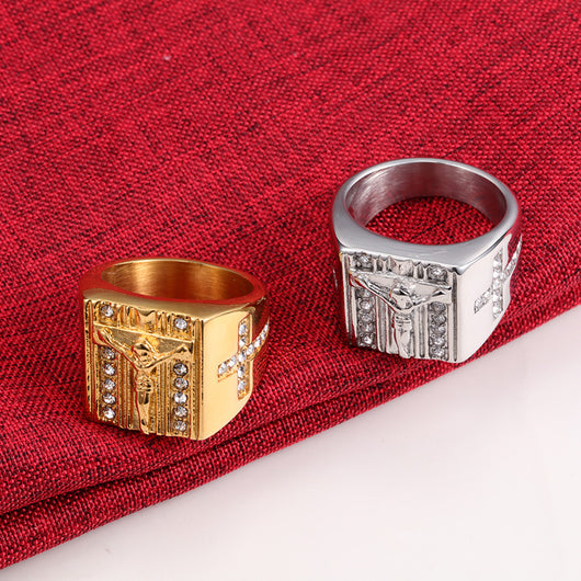 Anillo Retro con Cruz de Jesús - Símbolo de Fe y Devoción - Image 2