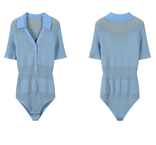 Blusa Fresca de Seda Helada Azul Cuello V - Camiseta Slim Fit para Verano - Image 3