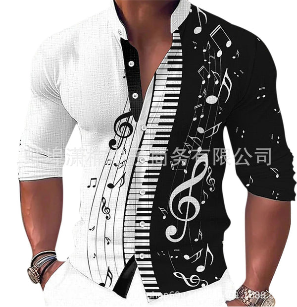 Camisa Casual Estampado Musical con Cuello de Pie Manga Larga para Hombre