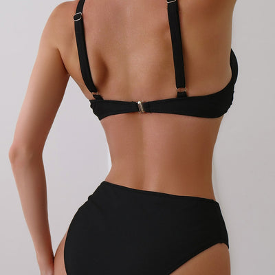 Women's neon green ribbed two-piece swimsuit with a twisted front bikini top and high-waisted bottoms. - Image 4