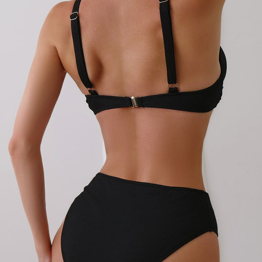 Women's neon green ribbed two-piece swimsuit with a twisted front bikini top and high-waisted bottoms. - Image 4