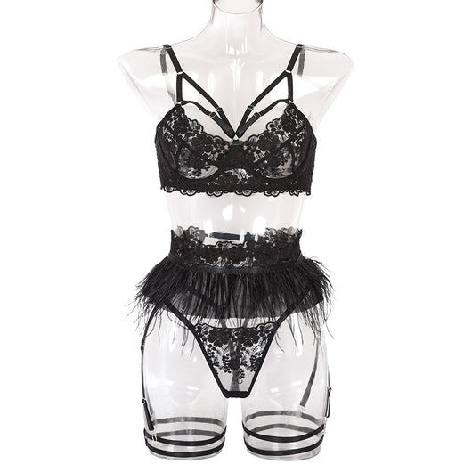 Conjunto de Lencería Erótica de Tres Piezas con Plumas y Encaje - Image 4