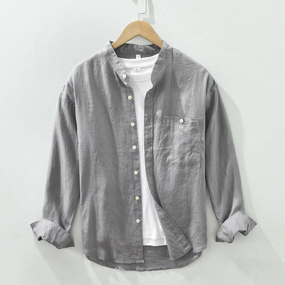 Camisa de Lino con Cuello Mao y Mangas Largas - Corte Holgado Casual - Image 7