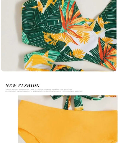 Women's two-piece swimsuit with a green, yellow, and orange tropical floral print halter top and solid yellow high-waisted bikini bottoms. - Image 11