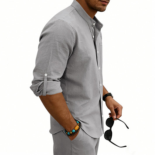 Camisa de Lino Estilo Americano con Cuello Mao y Mangas Medianas para Hombre - Image 39