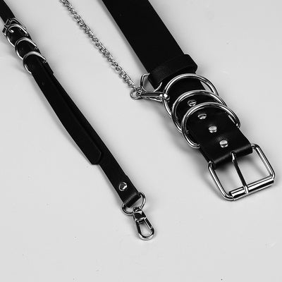 Black waist belt with single shoulder strap, silver buckle, D-rings, and decorative chain. - Image 4