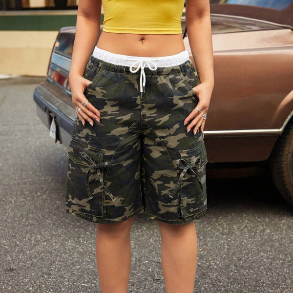 Shorts Holgados de Camuflaje con Bolsillos y Cordón Ajustable