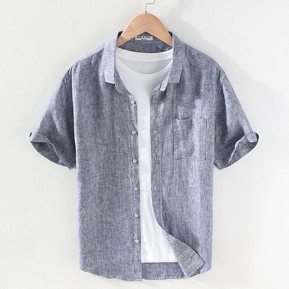 Camisa de Lino Casual para Hombre con Cuello Cuadrado