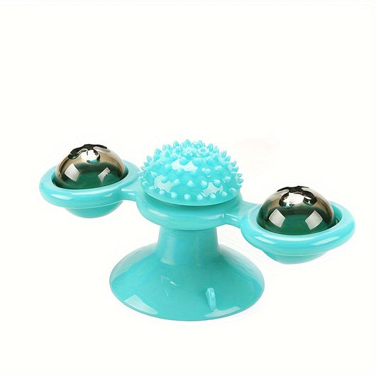 Gray tabby cat playing with a teal windmill cat toy featuring a suction cup base, textured ball, and colorful spinning paddles. - Image 8