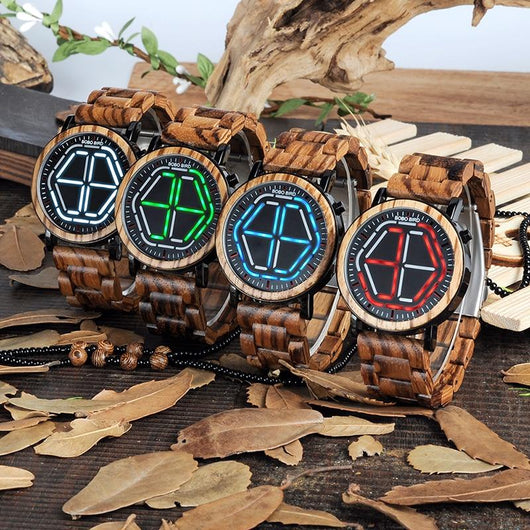 Reloj Digital Inteligente con Pantalla LED de Bambú y Visión Nocturna