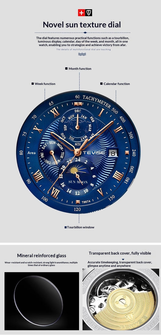 Reloj Mecánico de Lujo con Tourbillon, Fase Lunar y Diseño Cielo Estrellado Resistente al Agua - Image 11