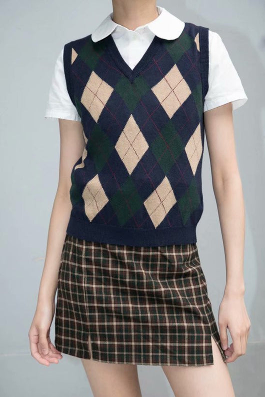 Chaleco Tejido Cuadros Diamante Estilo Preppy Retro Versátil - Image 9