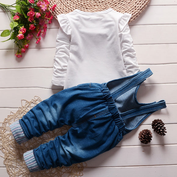 Conjunto de dos piezas: Suéter de algodón coreano con peto denim para niña