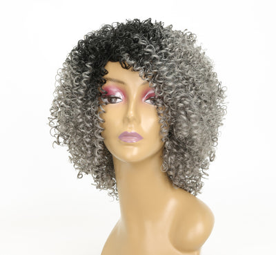 Peluca Rizada Mujer Cabello Sintético Gris Negro Resistente al Calor
