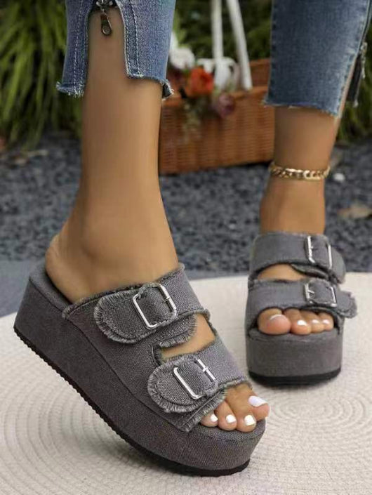 Sandalias Cuña Denim con Hebilla - Tacón Alto Camuflaje Verano para Mujer - Image 12