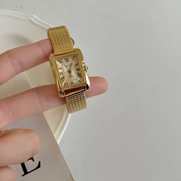 Reloj Cuadrado Retro Dorado para Mujer con Correa de Trigo