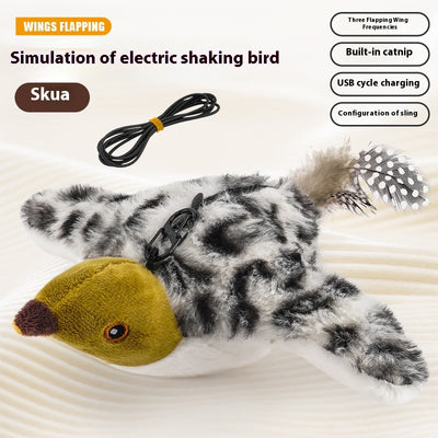 Electric simulation bird cat toy with black and white speckled plush body, olive green head, and feathered tail. Includes a black sling for hanging and USB char - Image 6