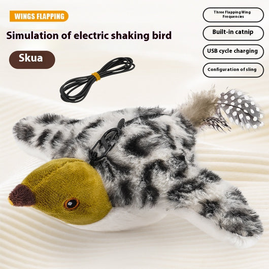 Electric simulation bird cat toy with black and white speckled plush body, olive green head, and feathered tail. Includes a black sling for hanging and USB char - Image 6