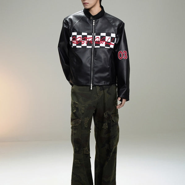 Chaqueta de Cuero Estilo Retro Americano con Detalles de Tartán