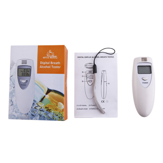 White high-precision digital alcohol tester with an LCD screen displaying 0.00% and a grey wrist strap.