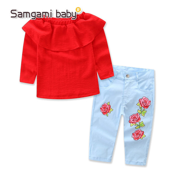 Conjunto Infantil Elegante: Blusa Roja Hombro Descubierto + Pantalón Rosa