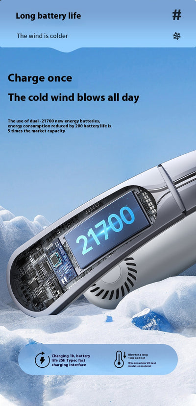 Ocean blue portable neck fan with digital display, showing 100 fan speed, designed for outdoor sports and personal cooling. - Image 19