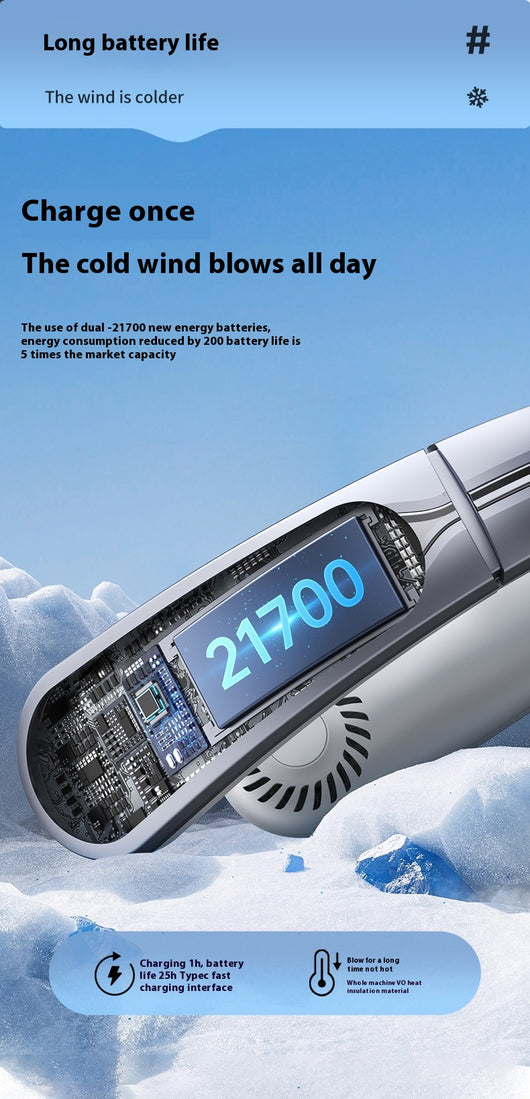 Ocean blue portable neck fan with digital display, showing 100 fan speed, designed for outdoor sports and personal cooling. - Image 19