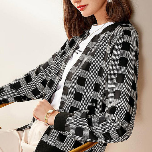 Chaqueta Cuadros Blanco y Negro Mujer - Estilo Retro Casual Baseball