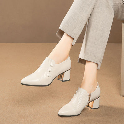 Zapatos de Tacón Grueso Punta Fina Talla Grande Mujer - Blanco Crema - Image 4
